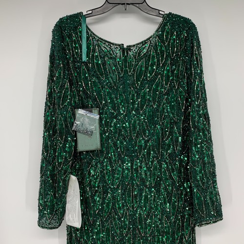 Mac Duggal Dress 5451 Womens Plus Size 18 Green Long Sleeve Beaded Sequin V Neck - Picture 12 of 16