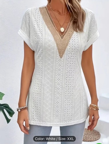 Camiseta para mujer de encaje dividido, elegante cuello en V ojales enrollados manga corta talla XXL - Imagen 3 de 6