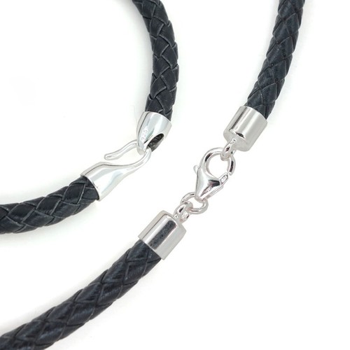 .925 Sterling Silver 5mm Round Braided Genuine Leather Cord Necklace / Bangle - Picture 4 of 14