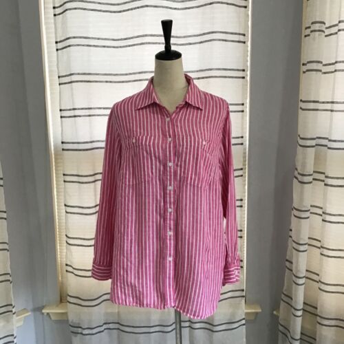 Lauren Ralph Lauren Women Size 1X Linen Pink Striped Shirt Front Button Classic