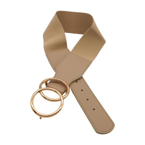 Womens Beige Taupe Stretch Comfort Fit Belt Gold Large Circle Metal Strap S - Picture 20 of 36