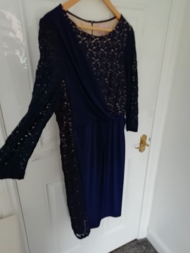 Phase Eight Size 16 Navy Blue Nude Lace Ruched Stretchy Occasion Dress Lined - Picture 5 of 10