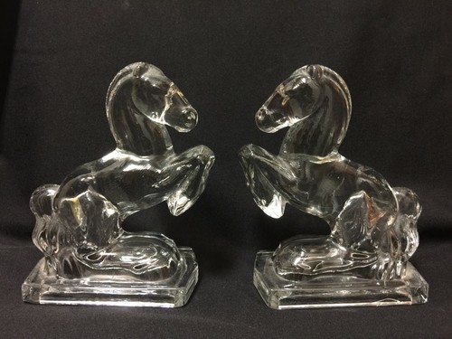 Juego de 2 sujetalibros de caballo de vidrio transparente Fostoria años 40 - Imagen 1 de 7