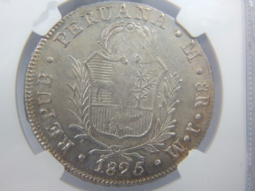 1825 PERU 8 REALES AU58 NGC BRIGHT LIMA JM HEAVY CROWN STUNNING AND VERY RARE - Picture 3 of 3