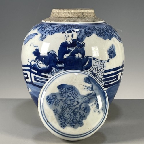 6.29" Qing Dynasty Handpainted Blue and white Kirin Sending Children Cover jar - Picture 3 of 10