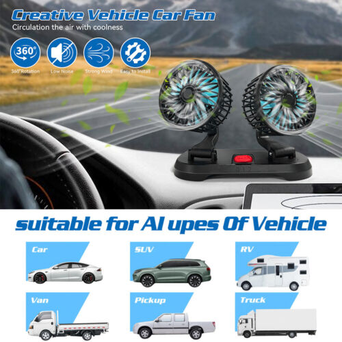 Dual Head 12V/24V Car Fan 360° Rotating 2 Speeds Auto Dashboard Cooling Air Fan - Picture 9 of 18