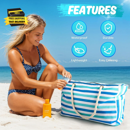 Large Beach Bag for Women & Men, Beach Bags Waterproof Sandproof, Travel Tote Ba - Picture 5 of 7