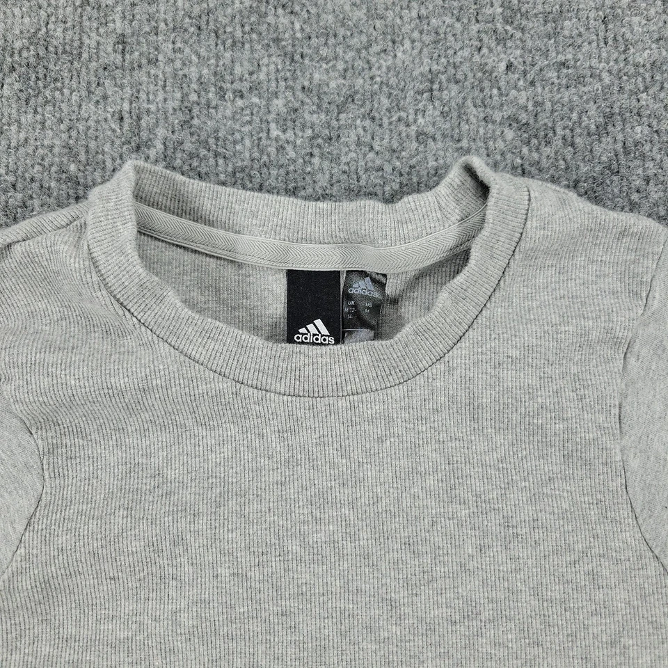 Adidas Shirt Girl Medium Gray Knit Ribbed Logo Graphic Tee Short Sleeve Pullover - Image 2 of 4