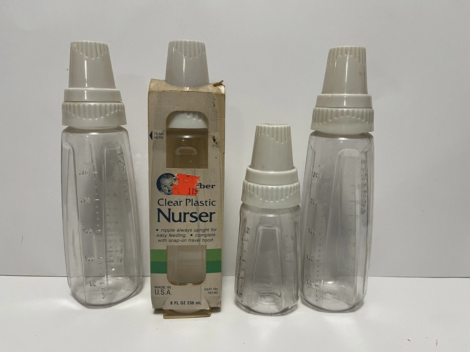 Vintage Gerber Baby Bottle Lot Plastic Clear Nurser Rubber Nipple 76430 3 90s