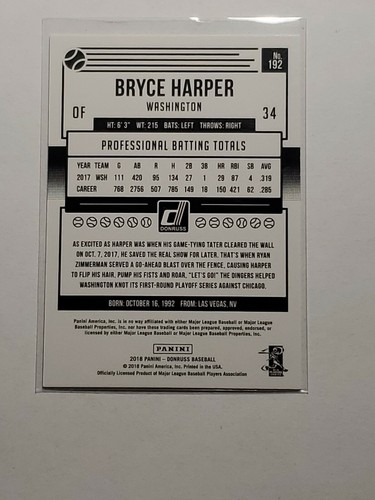 Variaciones de béisbol Donruss 2018 Bryce Harper #192 ""Mondo"" Nacionales de Washington - Imagen 2 de 2