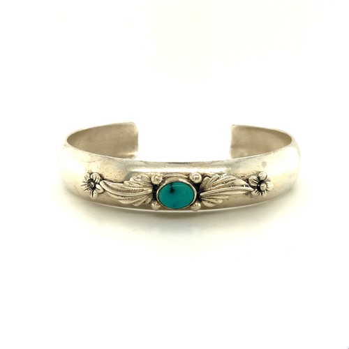 Vintage Signed Sterling Southwest Leaf Flower Turquoise Cuff Bracelet size 6 1/4 - Picture 1 of 9