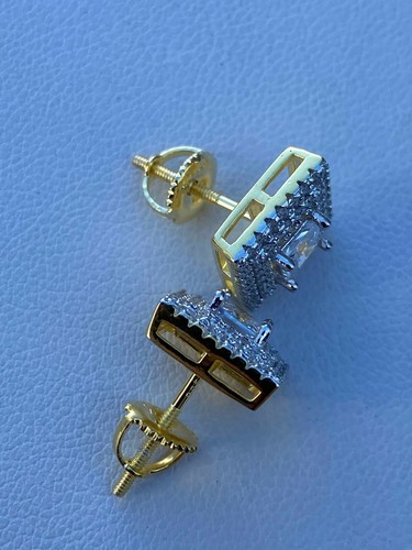 Mens Real Solid 925 Silver Iced CZ Hip Hop Earrings Studs 14k Gold Plated Square - Picture 13 of 13