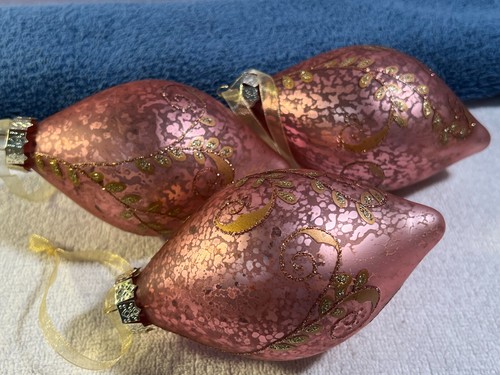 Christmas ornaments set of 3 glass teadrops pink sponge look gold designs PO5647 - Picture 5 of 8