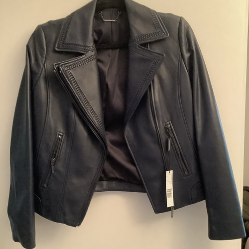 Ellie Tahari Navy Leather Jacket Size L New - Picture 2 of 7