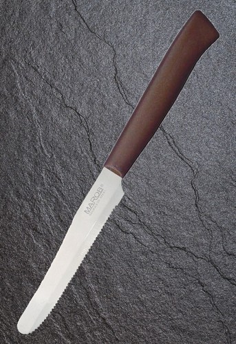 SET OF 6 TABLE KNIVES MAROB I SHARPESTIMI STAINLESS STEEL TOOTHED TIP BROWN - Picture 2 of 3