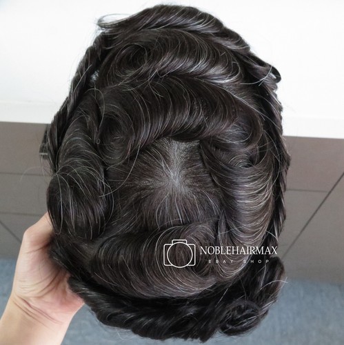 Mens Toupee Natural Ultra Thin Skin Hairpiece Mens Hair Replacement Grey System - Picture 17 of 29
