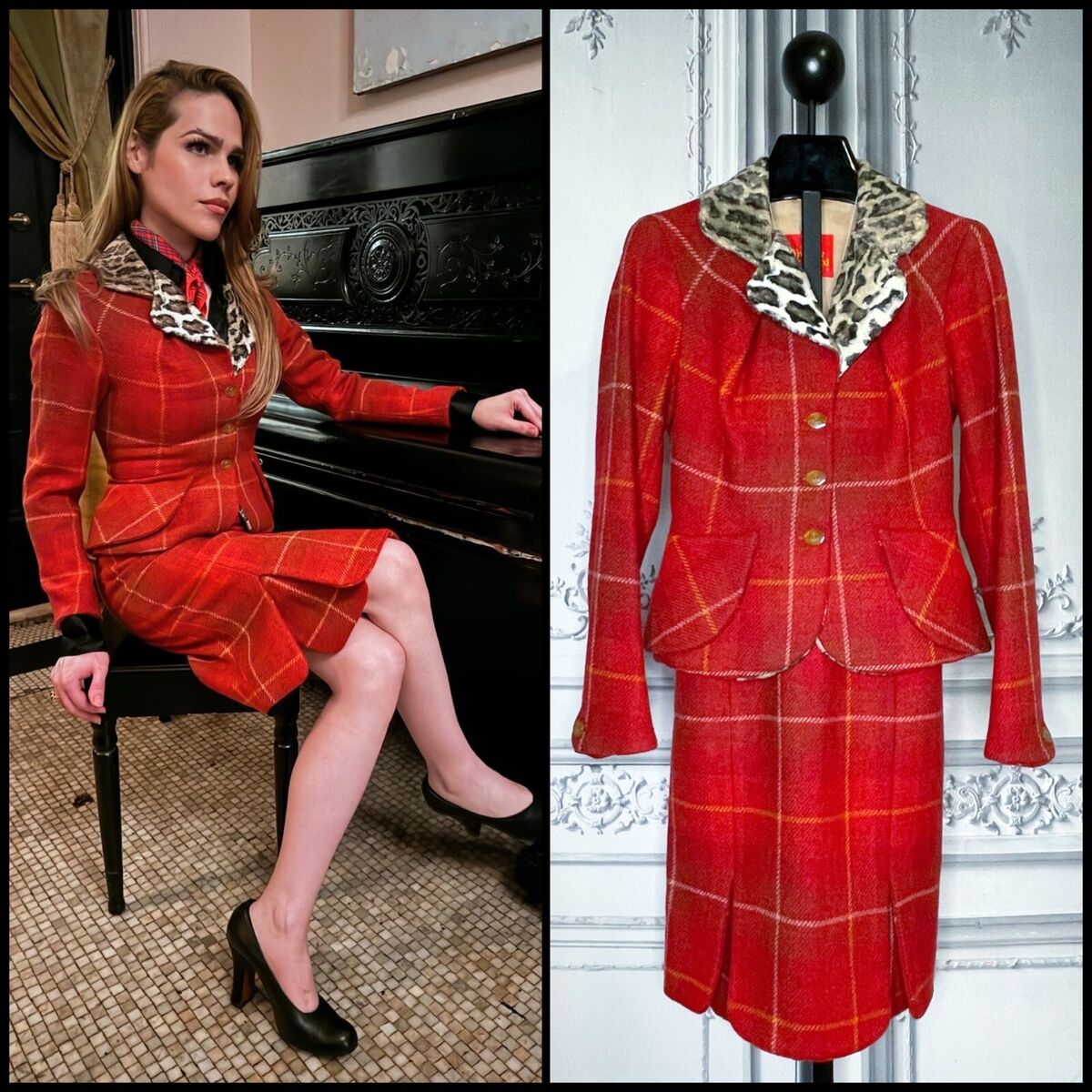 Vivienne Westwood FW 1994 Harris Tweed Skirt Suit In Red With Leopard Collar