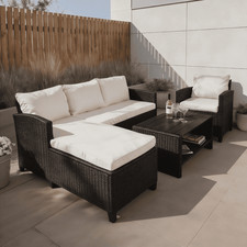Image of Black 4 Piece Rattan Garden Patio Furniture Set Corner Sofa Table Chair Cushions
