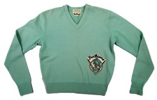 VTG 50s 1958 USA L Varsity Letterman Parthians 100 Wool Pullover Sweater Green