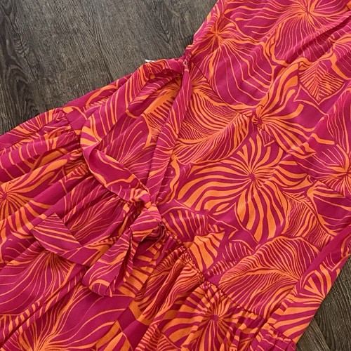 ANNE KLEIN Maxi Dress 18W Pink Orange Floral Tiered Halter Neck Tropical Belt - Picture 5 of 9