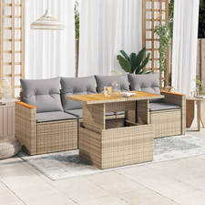 5 Piece Garden Sofa Set with Cushions Black Poly Rattan Acacia