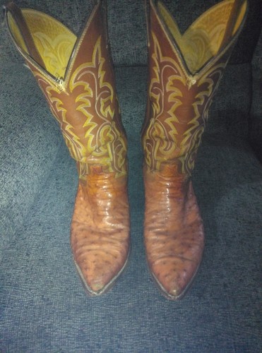 Justin Vintage Full Quill Ostrich Tan Leather Cowboy Boots Mens Size 10 D - Picture 1 of 14