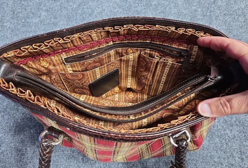 Brighton 90s Plaid Red, Brown & Cream with Leather Trim Shoulder Bag - Picture 14 of 14