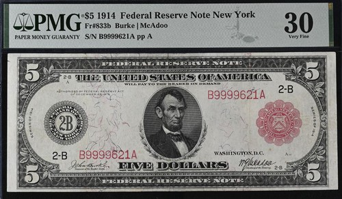 1914 $5 Federal Reserve Note PMG 30 - New York Red Seal Fr 833b - Picture 2 of 3