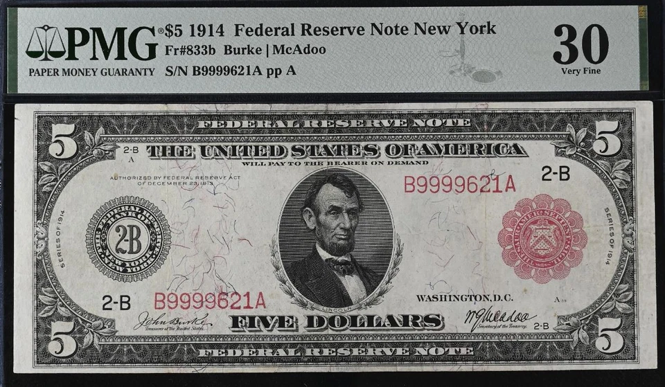 1914 $5 Federal Reserve Note PMG 30 - New York Red Seal Fr 833b - Image 2 of 3