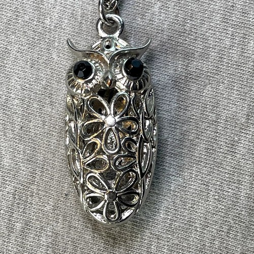 Silberfarbene Eulen Halskette Boho Halloween schwarze Augen hohl 3-D Blumen hohl - Bild 1 von 5