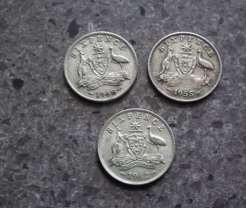 b9079)      3  x  AUSTRALIAN SILVER SIXPENCES COINS  1948 - 1955 & 1962