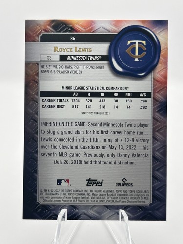 ROYCE LEWIS 2022 TOPPS GOLD LABEL CLASS 1 ROOKIE MINNESOTA TWINS #86 JT - Picture 2 of 2