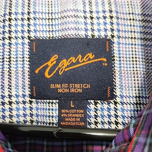 Egara Non Iron Slim Fit Purple Plaid Shirt Mens L Flip Cuff Designer Academia - Picture 10 of 13