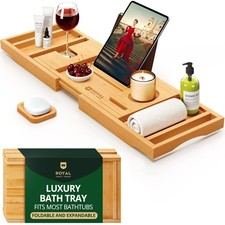 Bathtub Tray Caddy for Tub, Bamboo Bath Shelf, Premium Foldable Wood Bath Tab...
