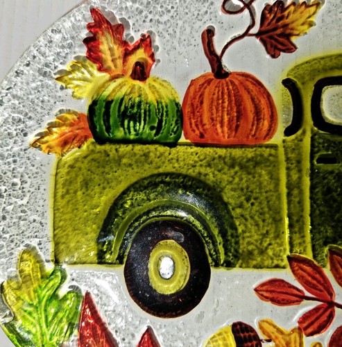 Fall Harvest Pumpkin Antique Green Truck Glass Oval Platter - Farmhouse  - Picture 4 of 5
