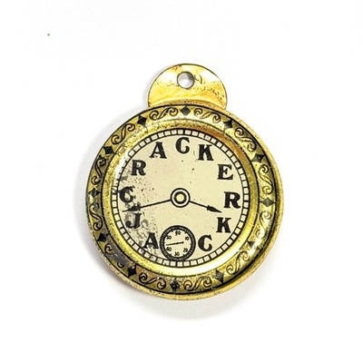 1931 CRACKER JACK PRIZE POCKET WATCH TIN METAL TOY BLACK AND GOLD COLOR
