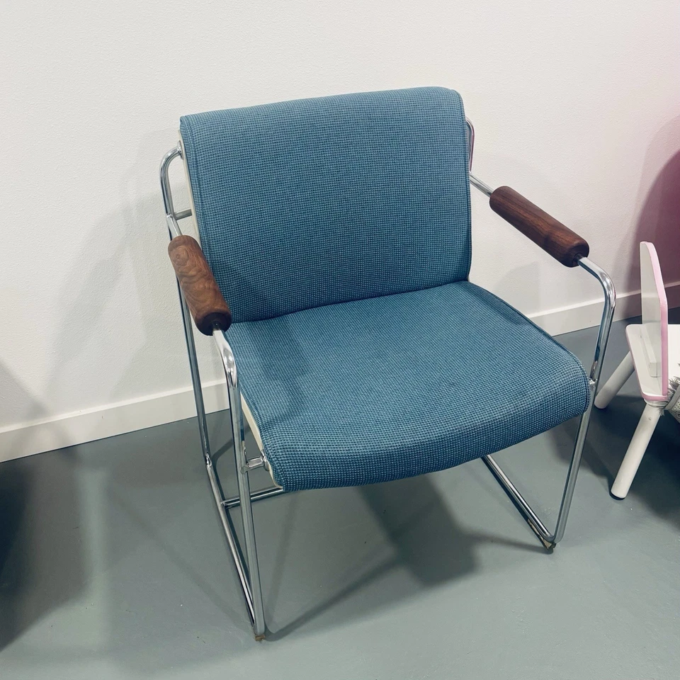 Silla de oficina/invitado vintage rara años 60 azul lana tweed cromo nogal reposabrazos MCM Foto 4 de 4