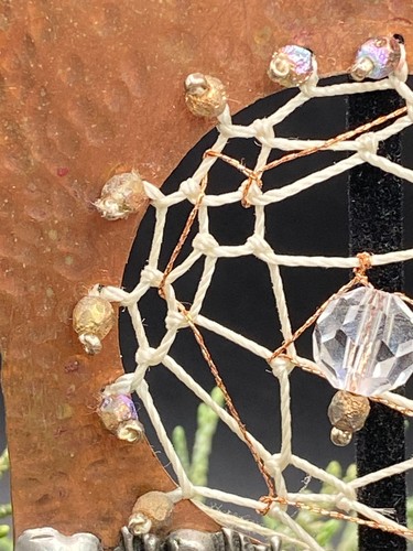 Artisan hammered copper & embossed metal dreamcatcher ornament, 3.5" - signed - Picture 4 of 9