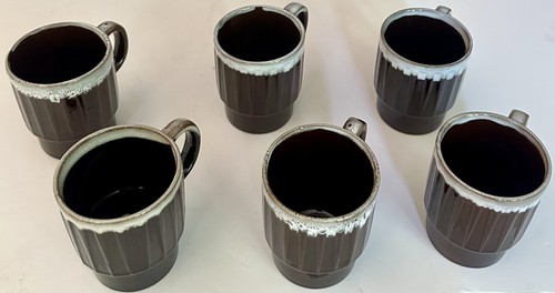 Set of 6 Japan Brown Stoneware Stackable Mugs with Gray Drip Glaze 3.5" Tall MCM - Picture 4 of 13