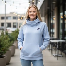 Nike Funnel Neck Hoodie Women s Small Blue Cowl Neck Pullover Sweatshirt