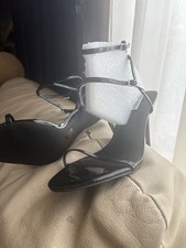 Black Strappy Stiletto Patent Leather Heels Ankle Strap Buckle Open Toe