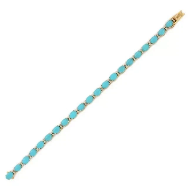 9CT Oval Sleeping Beauty Turquoise Womens Tennis Bracelet 14K Yellow Gold Plated - Image 3 of 3