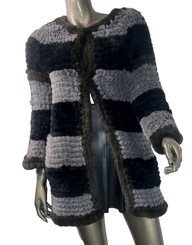 Fur Knitted Cardigan Womens Small Gray & Black Stripe Faux Fur Jacket Love Token - Picture 7 of 8