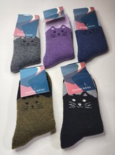 Vintage 5 Pairs Womens Wool Thick Warm Cozy Kitty Cat Winter Knit Crew Socks
