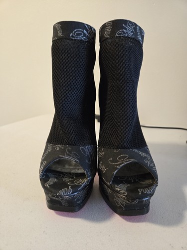 Apple Bottoms Peep Toe Booties Black Mesh Platform Heels 7.5 Leather Sole Y2k... - Picture 2 of 8