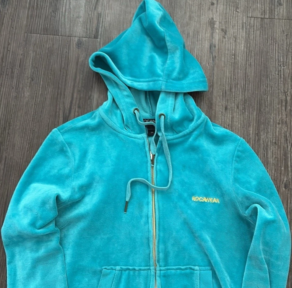 Moletom com capuz feminino vintage Y2K Roca Wear azul blink veludo zíper completo médio - Imagem 4 de 4