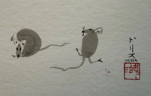Original Sumi Tusche Aquarell Gemälde 2 kleine Mäuse Künstlersiegel mit Signatur - Bild 2 von 8