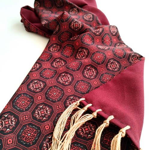 Vintage Tootal Style Ornamental Scarf w Tassels Handmade Burgundy Gold 2 Sides - Picture 5 of 7
