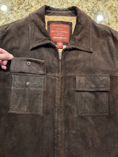 Eddie Bauer SEATTLE SUEDE Heavy Leather Jacket Full Zip Men's Large Dark Brown - Picture 9 of 16