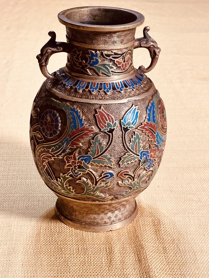 Antique Japanese Metal Champlevé Vase/Enamel Urn/Pot/Flower Vase/Enamel Art - Image 3 of 4
